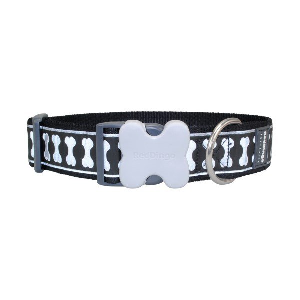Red Dingo Dog Collar Reflective Bones Black Medium
